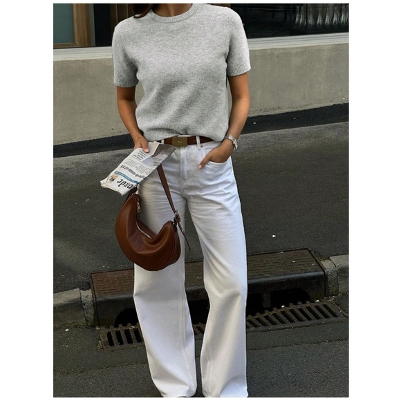 Grey Knit Sweater Top Round Neck Short Sleeve - Picture 5 of 11